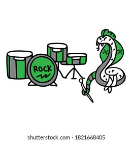 Punk rock snake with drum set vector illustration clipart. Simple alternative sticker. Kids emo rocker cute hand drawn cartoon animal motif. 