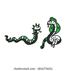 Punk Rock Snake Set Vector Illustration Clipart. Simple Alternative Sticker. Kids Emo Rocker Cute Hand Drawn Cartoon Animal Motif. 