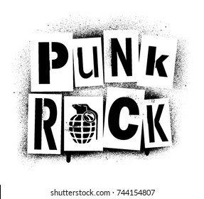 ''Punk Rock'' spray graffiti stencil and hand grenade silhouette. For t-shirt, posters...