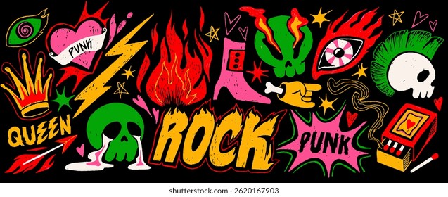 Punk and rock style crayon drawings. Abstract doodle stickers or colorful graffiti with skull, fire, golden crown and burning eyes. Hand drawn vector illustration collection isolated on background