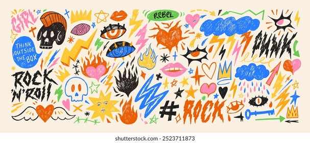 Punk and rock style crayon drawn shapes. Collection of colorful graffiti doodle girly figures. Crayon drawn lightnings, crowns, burning heart, stars and eyes. Punk retro sticker collection for collage