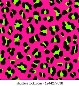 Punk Rock Style Eighties/80s Fashion Pattern. Seamless Faux Leopard Skin Pattern With Neon Green Spots On Pink Background. Vector Illustration Animal Repeat Surface Pattern. 