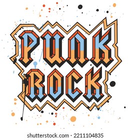 Rock Punk, plantilla vectorial de estilo para imprimir sobre el tema de la música rock con una inscripción caligráfica Rock Punk.