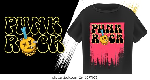 Punk Rock T Shirt Design Vector, Bold Yellow Lettering with Edgy Character, Skull Face, Chain, Pink Hair, Urban Grunge Style, Modern Youth Apparel, Music Lifestyle Graphic Art Print