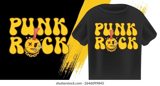 Punk Rock T Shirt Design Vector, Bold Yellow Lettering with Edgy Character, Skull Face, Chain, Pink Hair, Urban Grunge Style, Modern Youth Apparel, Music Lifestyle Graphic Art Print