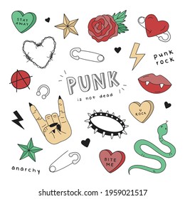Punk rock vector illustrations. Hand drawn cute, punk, rock, cool sticker drawings. Isolated.