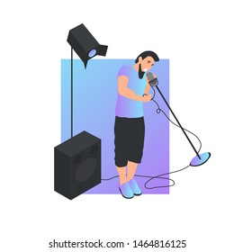 Punk rock vocalist yells into the microphone. Musician singer character with mic. Hard core heavy metal music rock n roll super star isolated on neon gradient background. Vector flat illustration