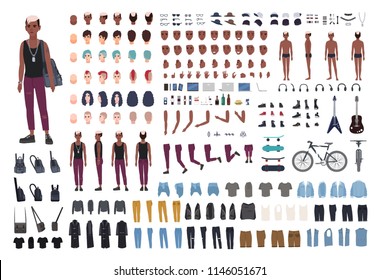 Punk rocker DIY or animation kit. Bundle of young male character or teen body elements, postures, outfit, counterculture accessories isolated on white background. Flat cartoon vector illustration