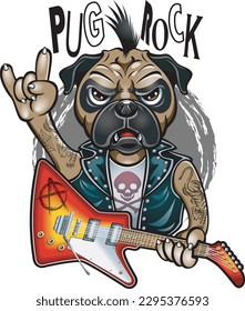 Punk Rocker Pug Hunde Gesten Rock and Roll Zeichen der Hörner und hält elektrische Gitarre