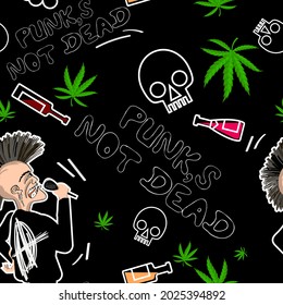punk rocker seamless pattern. singer with mohawk singing into a microphone, cannabis leaves, inscriptions mottos, contours of skulls, bottles of wine randomly arranged on a black background. vector 