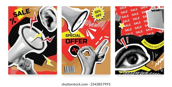 Cartazes de venda de Punk. Cartaz louco de meio-tom, vintage pop art rasgado papel retro corte layout grito boca alto-falante anunciar desconto oferta de compras, grunge ilustração vetor exata obra de arte original