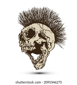 Punk screaming skull head with mohawk hair isolated on white background.
