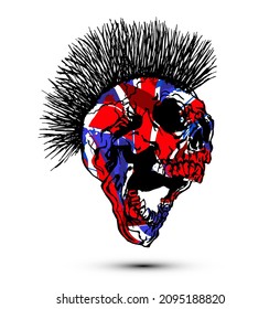Punk screaming skull head with united kingdom flag texture isolated on white background.