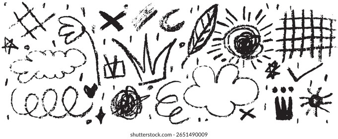 Punk Scribble Doodle. Hand Drawn Brush Elements. Thunder, Skull, Arrows, Sun, Star, Moon, Flower, Crown, Love, Heart, Cloud Chalk Sketch. Music Grunge Line. Abstract Graffiti Collage Tattoo Background