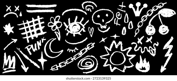 Punk Scribble Doodle. Hand Drawn Brush Elements. Thunder, Skull, Arrows, Sun, Star, Moon, Flower, Crown, Love, Heart, Cloud Chalk Sketch. Music Grunge Line. Abstract Graffiti Collage Tattoo Background