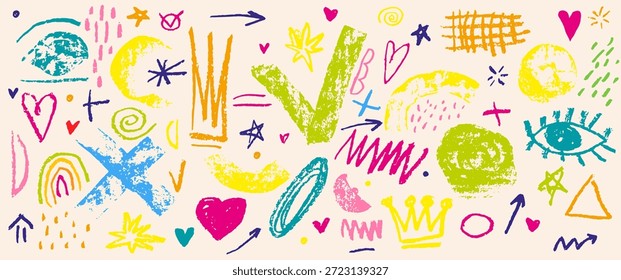 Punk garabato Doodle. Elementos de pincel dibujados a mano. Trueno, Cráneo, Flechas, Sol, Estrella, Luna, Flor, Corona, Amor, Corazón, Tiza Nube. Música Grunge Line. Fondo Abstractas del tatuaje del collage del graffiti