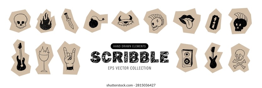 Punk scribble doodle. Pen drawn textured stickers for scrapbook pages. Vector cut out rock icons.