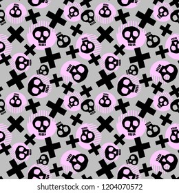 Punk seamless pattern with grunge bold painted  funky skulls. Rock and Roll cartoon doodle style print, youth  bright dynamic geometric motif, graffiti style of modern knitwear, swimwear, leggings