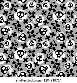 Punk seamless pattern with grunge bold painted  funky skulls. Rock and Roll cartoon doodle style print, youth  bright dynamic geometric motif, graffiti style of modern knitwear, swimwear, leggings