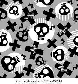 Punk seamless pattern with grunge bold painted  funky skulls. Rock and Roll cartoon doodle style print, youth  bright dynamic geometric motif, graffiti style of modern knitwear, swimwear, leggings