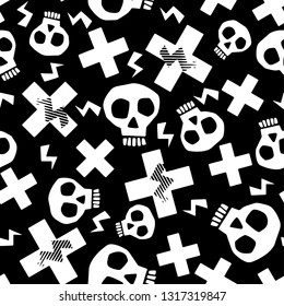 Punk seamless pattern with grunge bold painted  funky skulls. Rock and Roll cartoon doodle style print, youth  bright dynamic geometric motif, graffiti style of modern knitwear, swimwear, leggings