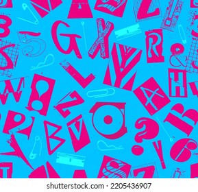 Composición de tipografía de patrón vectorial sin soldadura de malla con pines y clips en el estilo de diseño de grunge y punk en color fucsia sobre fondo azul.