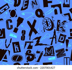 Punk seamless vector pattern alphabet typography composition with pins and clips in the style of grunge and punk design in black on blue colored background.