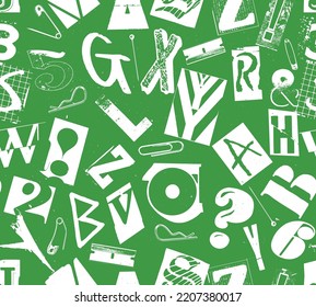 Punk seamless vector pattern alphabet typography composition with pins and clips in the style of grunge and punk design in white on green colored background.