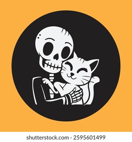 Punk Skeleton Hugging Cat Black and White T-Shirt Design