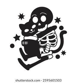 Punk Skeleton Hugging Cat Black and White T-Shirt Design