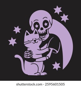 Punk Skeleton Hugging Cat Black and White T-Shirt Design