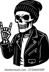 Punk Skeleton Rock and roll ilustração da mão - Punk Skull Personagem - kull Rocker em jaqueta de couro - Edgy Rock and Roll Hand Design