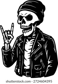 Punk Skeleton Rock and roll ilustração da mão - Punk Skull Personagem - kull Rocker em jaqueta de couro - Edgy Rock and Roll Hand Design