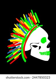 Punk skull with colorful Mohawk isolated on the black background