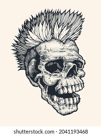 Punk skull, engraving style. Vector illustration 