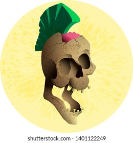 Punk skull with a green mohawk with a falling jaw screaming. brains stick out of pierced head