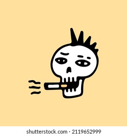 Punk skull head smoking cigarette, illustration for t-shirt, sticker, or apparel merchandise. With retro cartoon style.