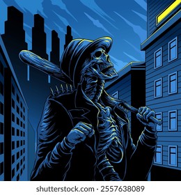 Punk skull holding baseball bat at night with city background