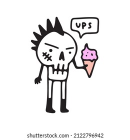 Punk skull holding ice cream, illustration for t-shirt, sticker, or apparel merchandise. With doodle, soft pop, and cartoon style.