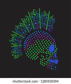 Punk skull icon halftone with Mohawk, abstract background vector illustration
