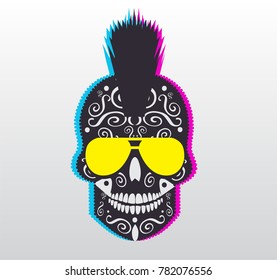 Punk skull icon modern with sunglasses and Mohawk, duo shadow design background