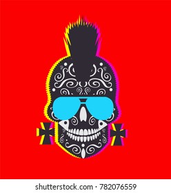 Punk skull icon modern with sunglasses and Mohawk, duo shadow design background