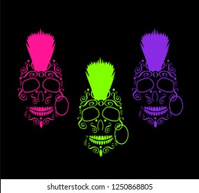 Punk skull icon with Mohawk, 3 neon colors, green, pink and purple background vector and ornament details