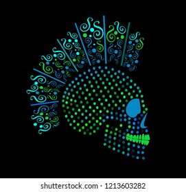Punk skull icon neon color with dots and ornament details