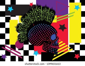 Punk skull icons dots halftone neon 3D  pop art background