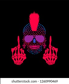 Punk skull with middle finger and Mohawk  pink halftone 