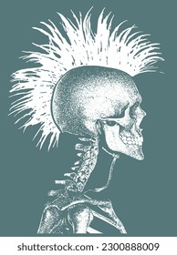 Punk Skull with Mohawk Hair Black White