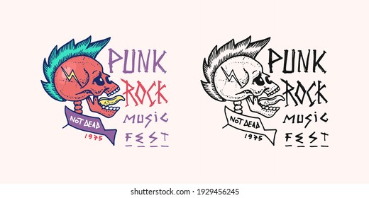 Punk skull with mohawk and lightning badge. Rock and Roll music logo. Heavy metal template for design t-shirt, night party and festival. Hand drawn Engraved vintage sketch.