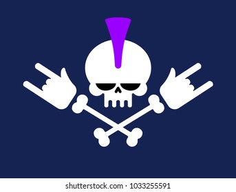 Punk Skull With Mohawk And Rock Hand. Head Of Skeleton. Vector Illustration
