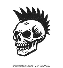 Punk skull with mohawk, vintage black and white illustration with textured style.